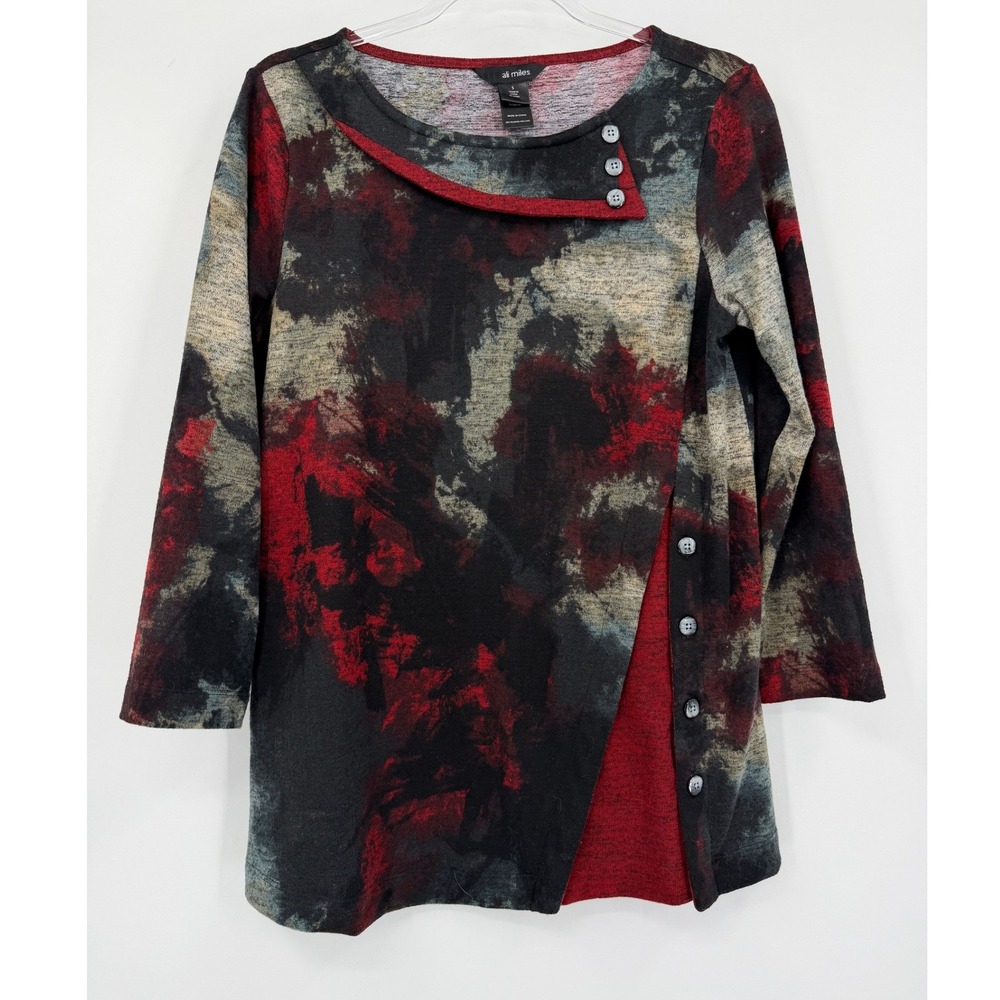 Ali Miles Womens Red Black Abstract Watercolor Asymmetrical Button Tunic Top S